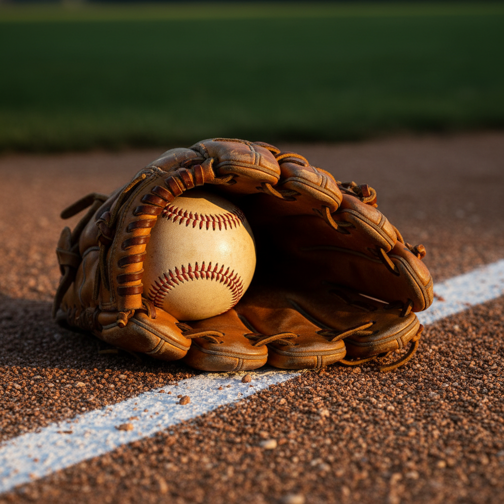 A close-up, photographic shot of an aged leather baseball glove from the late 1970s era, its surface richly textured with creases and darkened laces, cradling a slightly worn baseball. The glove rests on infield dirt meticulously detailed with tiny pebbles and rake marks, with the crisp white of a chalk baseline cutting diagonally through the background. Golden hour sunlight from the upper right creates warm highlights along the glove’s edges and distinct shadows in the webbing. The background softly falls out of focus toward an abstracted hint of Tiger Stadium’s green grass. Professional, dramatic yet restrained mood, low-angle composition emphasizing the equipment as a symbol of Tigers players from 1977–89.