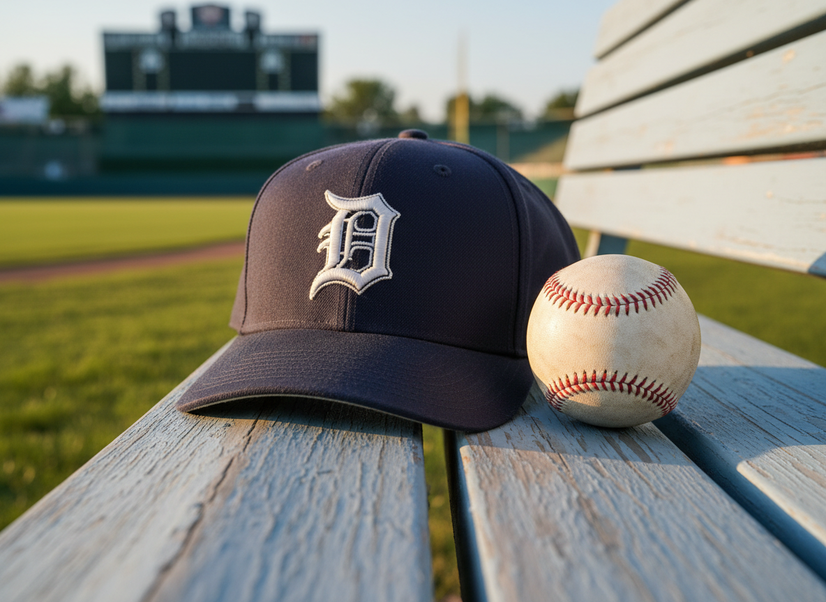 A meticulously detailed Detroit Tigers baseball still life centered on a classic navy Tigers cap with the old English “D” implied through its stitched contours, resting beside a scuffed white baseball marked with faint red seam impressions. Both items sit on weathered wooden stadium-style bench slats with chipped pale blue paint. Late afternoon ballpark light streams in from the left, casting long, gentle shadows and subtle highlights on the fabric and leather. In the softly blurred background, outfield grass and an abstracted distant scoreboard suggest Tiger Stadium in the late 1970s. Photographic realism, eye-level composition with shallow depth of field, professional and nostalgic mood, clean and uncluttered, perfect for a timeless blog header image.
