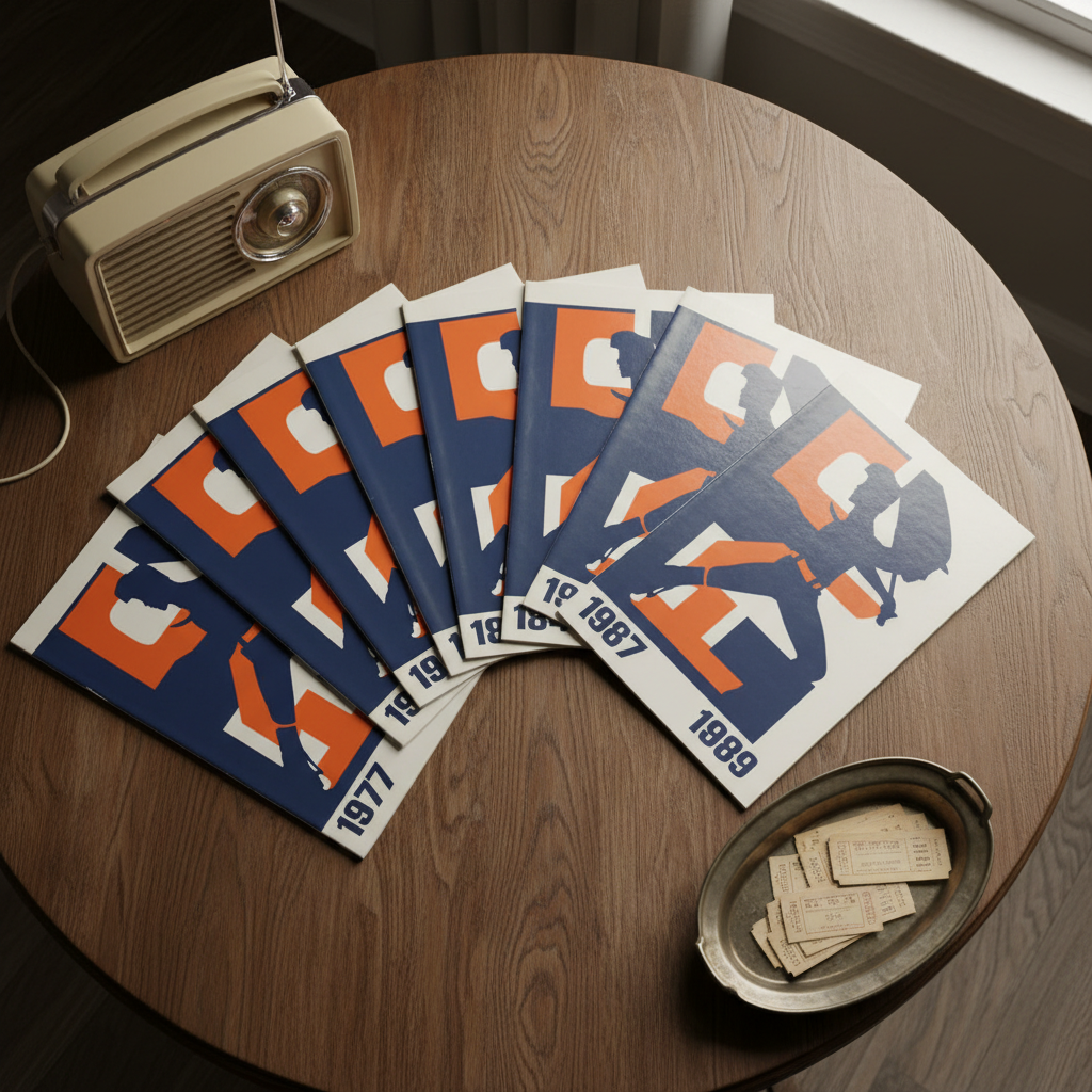 An overhead photographic view of a vintage Detroit Tigers game program collection from 1977 to 1989, carefully fanned out on a dark oak table. The glossy covers feature abstracted orange-and-navy layouts and implied player silhouettes without readable text or faces. A slightly tarnished metal ticket stub tray and an old radio with chrome dials anchor the corners of the frame. Soft, diffused window light from the right creates gentle reflections on the program covers and subtle shadows along the table grain. The mood is archival and scholarly, emphasizing history and research. Sharp focus throughout, clean professional composition, ideal for illustrating in-depth articles about Tigers seasons and rosters during this era.