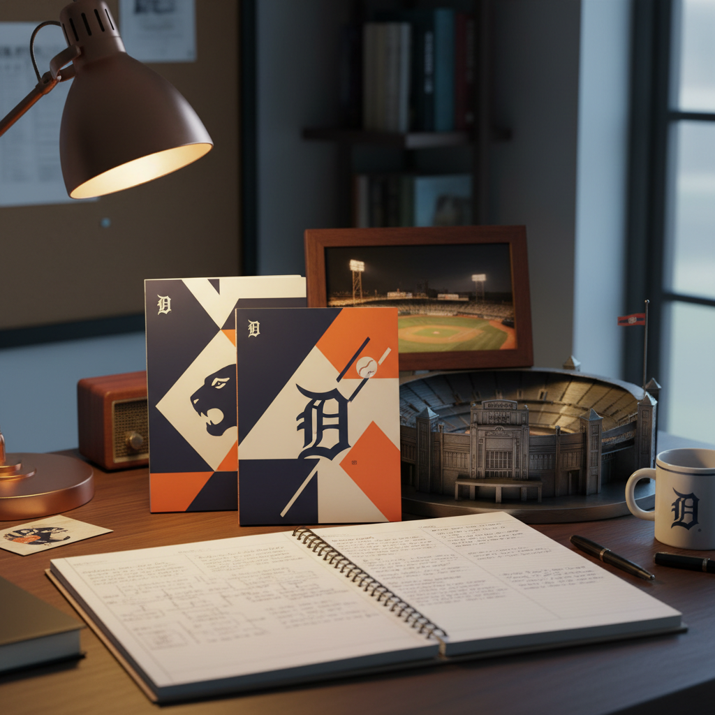 A carefully composed desk scene featuring a modern writer’s workspace dedicated to Detroit Tigers history from 1977–1989. An open notebook filled with neat, non-legible scribbles sits beside a stack of vintage-style Tigers media guides with abstract covers in navy, orange, and white. A small, framed, out-of-focus photograph of a night game at Tiger Stadium leans against the wall, alongside a miniature metal stadium replica with intricate architectural detail. Warm desk lamp light from the left combines with faint cool window light from the right, creating a balanced, professional atmosphere. Shot from a slightly elevated angle with moderate depth of field so the main objects are crisp and the background subtly blurred. Photographic realism, organized and analytical mood, perfect for a thoughtful blog post about player evaluations or season retrospectives.