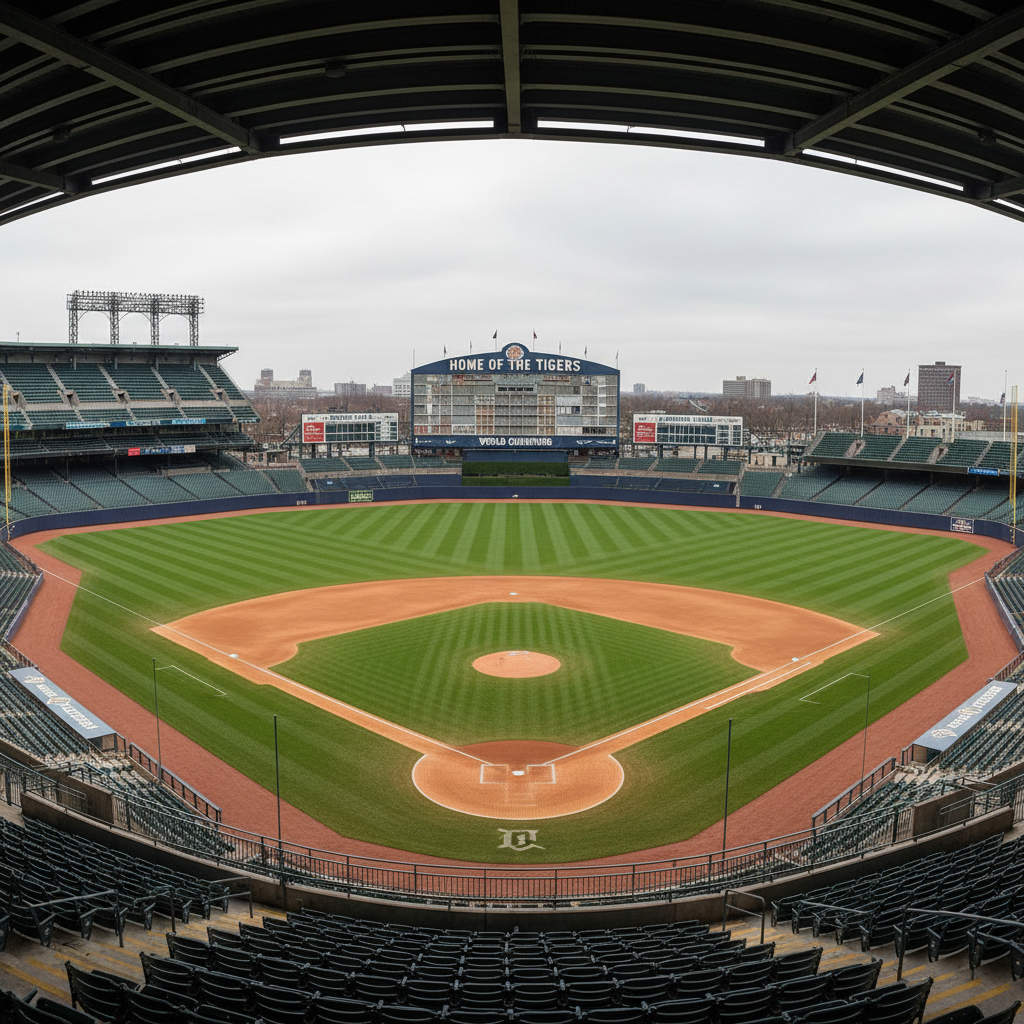 A wide, panoramic photographic scene of an empty Tiger Stadium-inspired ballpark interior as it might have appeared in the mid-1980s, viewed from high behind home plate. Neatly trimmed emerald outfield grass, a symmetrical dirt infield, and deep navy outfield walls form clean geometric shapes. Faded hand-operated scoreboard panels suggest inning-by-inning lines without using readable text or logos. Overcast midday light softly illuminates the scene, eliminating harsh shadows and emphasizing structural details of the upper deck, support beams, and foul poles. The composition uses strong leading lines from the baselines toward center field, with sharp focus throughout. The mood is contemplative and professional, ideal for articles analyzing Tigers team strategies and season overviews from 1977–89.